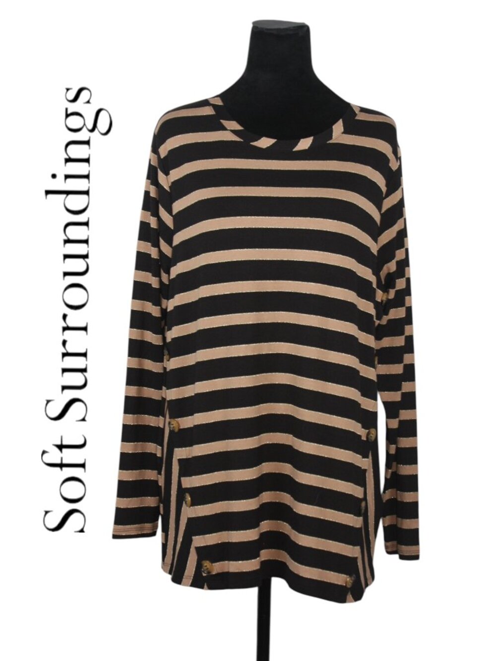 Soft Surroundings Long Sleeve Striped Black & Brown Tunic Size Large